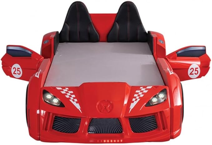 MASARA Race Car Twin Bed with LED Lights, Music Player, Magnetic Doors (Red)