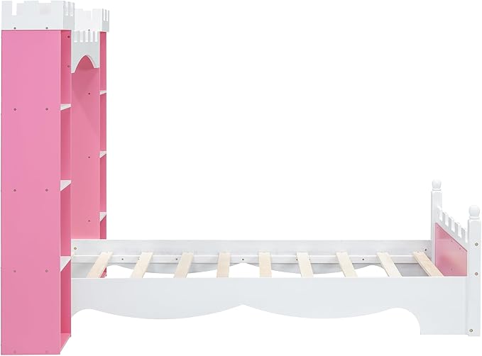 Castle-Shaped Wooden Platform Bed with Storage Shelf, Dreamy Twin Size Kids Platform Bed for Girls Boys Bedroom, Sturdy Slats Support (Pink+White Castle)