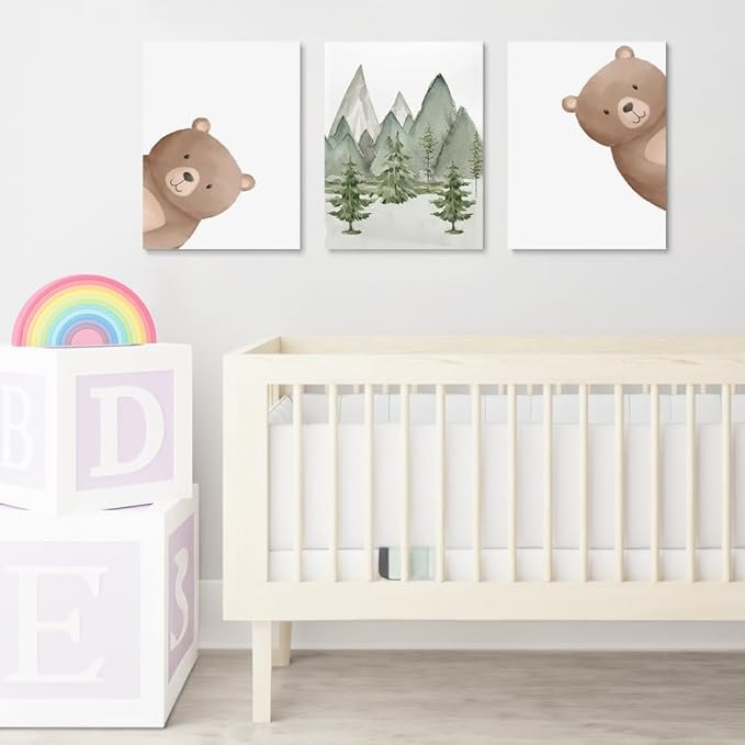 Peeking Bear Nursery Wall Decor, Woodland Nursery Nature Print, Neutral Baby Animals Wall Art for Kid Bedroom, Forest Mountain Wall Art for Baby Boy Girl Bedroom, Framed Canvas, 16"x24"x3