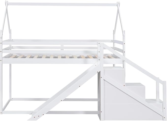 Flieks Twin Over Twin House Loft or Bunk Bed Frame for Boys Girls Kids Adults Toddler with Slide and Staircase, White