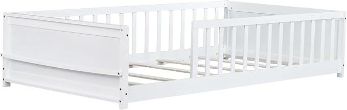 Floor Bed with Rails Twin Size, Wood Montessori Floor Bed with Storage Bookcase, Kids Bed Frame with Fence for Boys Girls, White