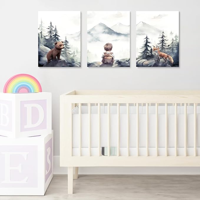 Baby Boy with Animals Adventure Nursery Decor, Adventure Toddler Decor, Watercolor Woodland Forest Nursery Wall Decor for Boy's Bedroom, Outdoor Children's Room Decor Print, Framed Set of 3, 16"x24"