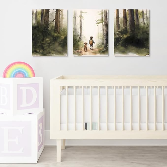 Boy and Dog Nursery Wall Art, Set of 3 Rustic Woodland Nursery Wall Decor, Little Boy and Puppy in the Forest Adventure Kid Wall Art Print, Outdoor Landscape Toddler Room Decor for Boys, Framed 12"x16"x3