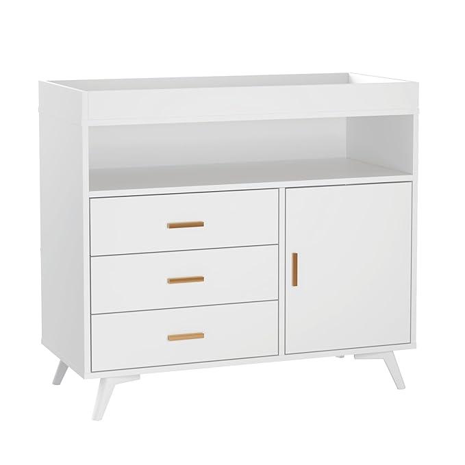Nursery Dresser with Baby Changing Table,Diaper Changer Tables with 3-Drawer & Shelves, Wooden Baby Dresser with Top, Wood Diaper Changing Station