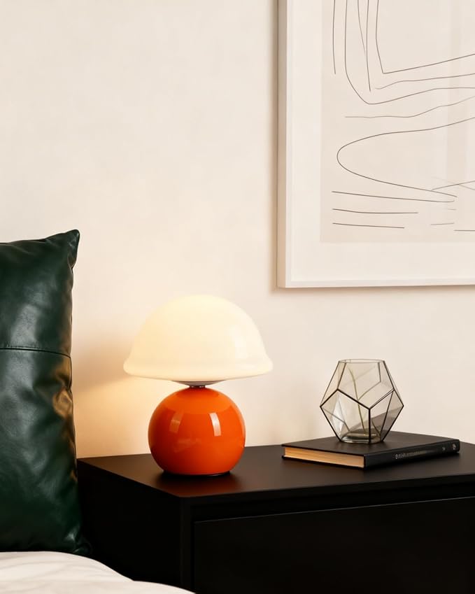 Mushroom Lamp for Bedroom, Cute Small Bedside Table Lamp with Glass Lampshade, Dimmable Nightstand Lamp Mid Century Modern Lamp for Home Living Room Decor (Orange)