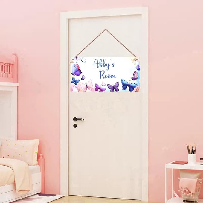 Personalized Pink Purple Butterfly Sign For Girls Bedroom Baby Nursery Door Fantasy Flower Wood Plaque Hanging Wall Art Decor For Kids Room Little Man Cave