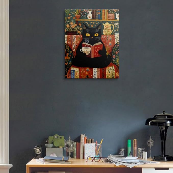Funny Cute Black Cat Picture Wall Decor Framed Animal Reading Book Drinking Coffee Vintage Canvas Wall Art Rustic Flower Prints Poster Retro Floral Painting for Living Room Bathroom Bedroom (12"x16")