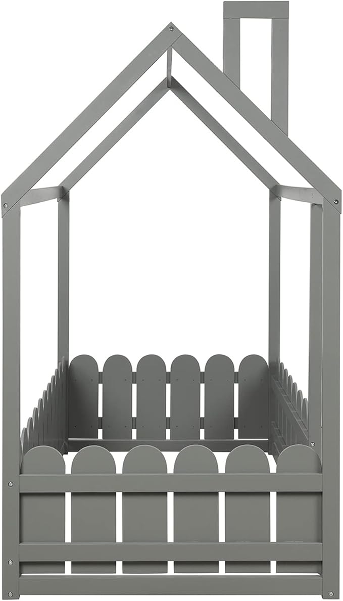 Bellemave Twin Size Kids Floor Bed Frame with Fences, Wooden House Bed with Roof Can be Decorated for Kids Girls Boys (Grey)
