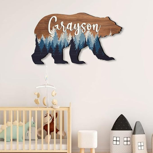 Personalized Baby name signs for nursery, for kids room Bear wooden nursery decor, Woodland animal decor, Baby boy forest themed gift/6