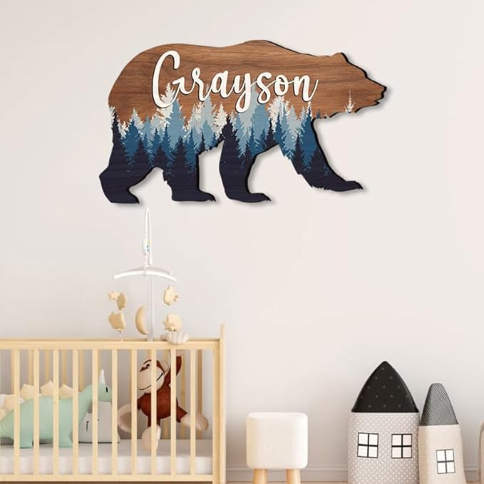 Personalized Baby name signs for nursery, for kids room Bear wooden nursery decor, Woodland animal decor, Baby boy forest themed gift/6