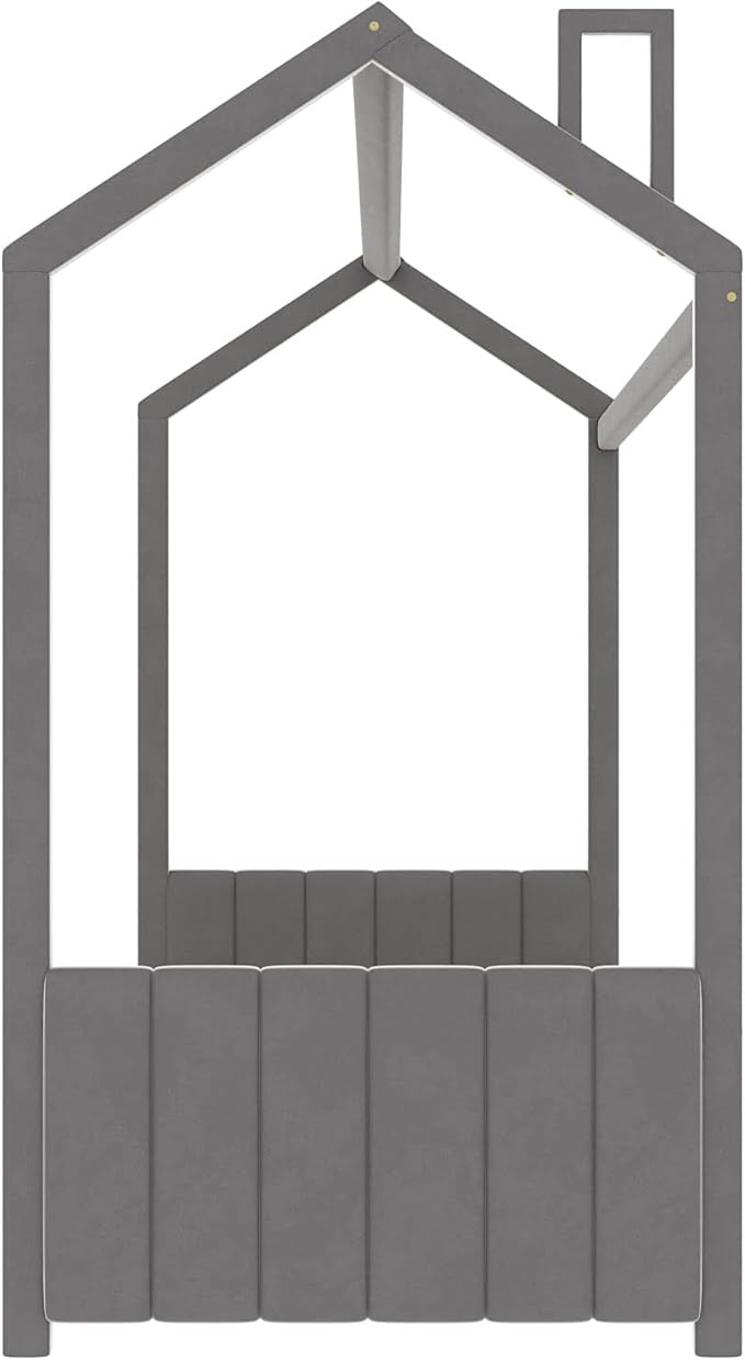 Ball & Cast Twin Size Floor Bed,Low to Ground Design Montessori Bed with Roof,Velvet Toddler House Bed Frame W/Slats,No Box Spring Needed,for Girls Boys,Gray