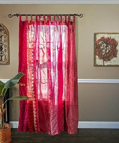 YILLE Boho Silk Sari Curtain Panel,1 Piece Vintage Handmade Lightweight Recycled Indian Silk Saree Window Drapes for Bohemian Living Room, Aesthetic Home Décor Wall Hanging - Pink, 84 X 43 in