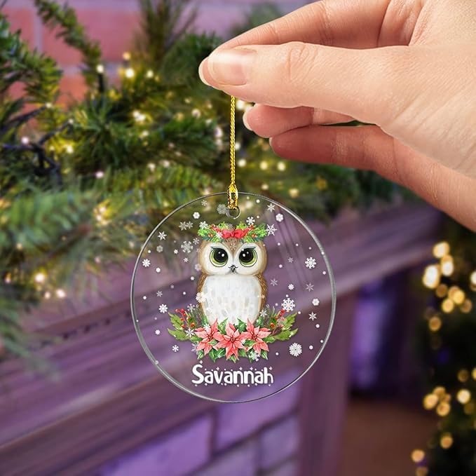 wowcugi Personalized Owl Ornament Custom Name Customized Christmas Ornament Acrylic Ornaments Gifts for Girl Women Boys Kids Animal Lovers Xmas Hanging Tree Decorations