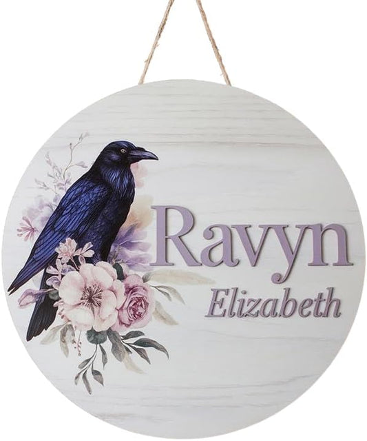 Personalized Baby Name Signs for Nursery, Flowers Raven Sign for Baby Door Decor, Newborn Gifts for Girl, Girls Nursery Wall Bedroom Decorations, Mother's Day Gifts for New Mom Dad Gift