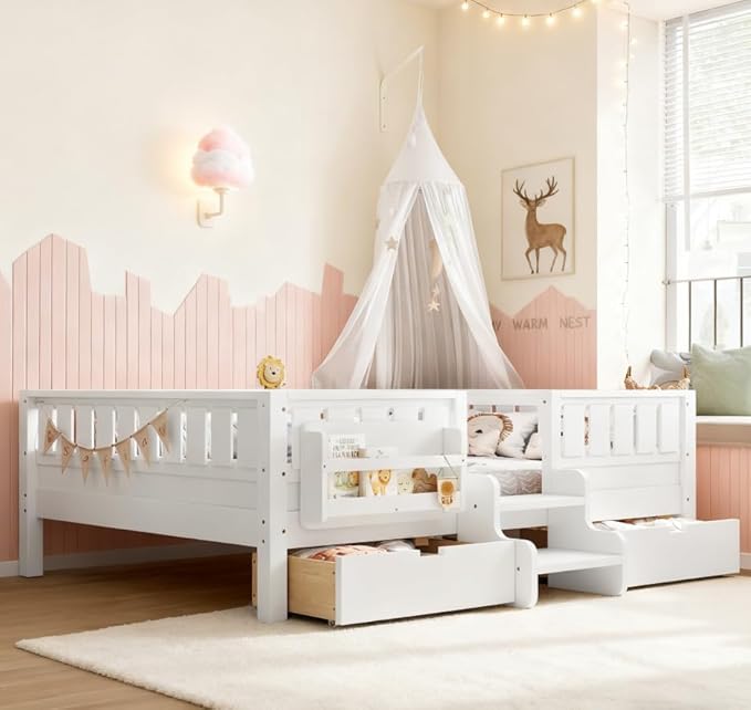 Bellemave Full Size Kids Bed with high Rails and with Built-in Bookshelf and Drawers for Kids, Girls, Boys, Wood Montessori Bed Without Door, White