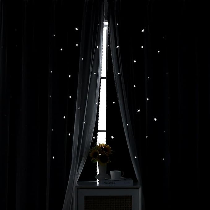Blackout Curtains with Sheer Overlay - Cute Star Cutout Black Curtain for Teen Girl Bedroom Decor, 96 Inches Long 2 Panels, Aesthetic Double Layer Living Room Divider Drapes
