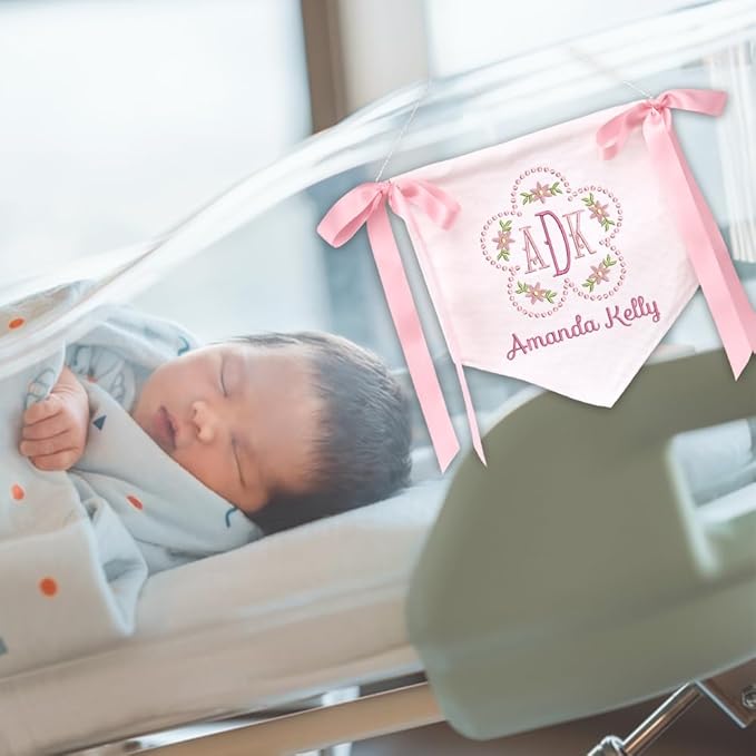 Embroidered Baby Name Sign Personalized Baby Announcement Sign Newborn Baby Banner with Bows Baby Hospital Name Sign Canvas Hanging Pennant Flag Custom Infant Baby Name Baby Shower Banner (06)