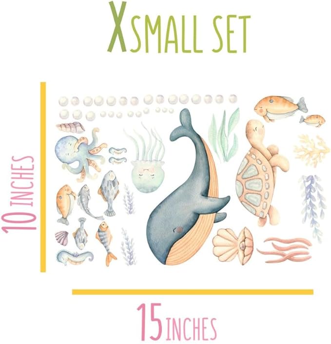Under The Sea Wall Decals – Sea Life Stickers, Removable Wall Stickers, Watercolor Ocean Animals, Peel & Stick, for Nursery Baby Kids Bedroom Bathroom, X-Small Set (15" W x 10" H) 50 Pcs