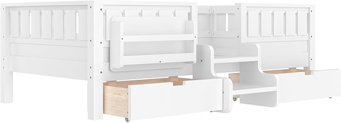 Bellemave Twin Bed with Slats and Stairs, Twin Size Platform Bed Frame with Fence, Bookshelf and Storage Drawers, Easy Assemble Beds for Kids, Girls, Boys, White