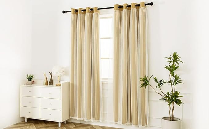 INLINAS 52 x 96 Inches Gold Blackout Curtains with Sheer Overlay - Grommet Top Thermal and Noise Reduction Panels for Bedroom and Living Room Light Blocking and Energy Saving, Set of 2