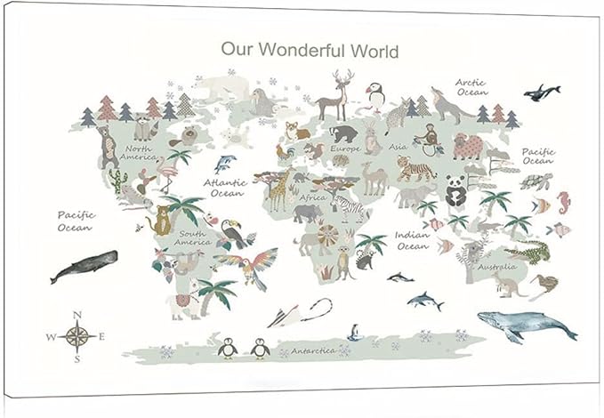 Educational Posters for Toddlers 1-3, Toddler Learning Poster for Kids Ages 3-5, World Map Canvas Print Nursery Preschool Homeschool Kindergarten Classroom Decor 12x18 Inch Framed C