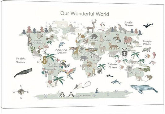 Educational Posters for Toddlers 1-3, Toddler Learning Poster for Kids Ages 3-5, World Map Canvas Print Nursery Preschool Homeschool Kindergarten Classroom Decor 12x18 Inch Framed C