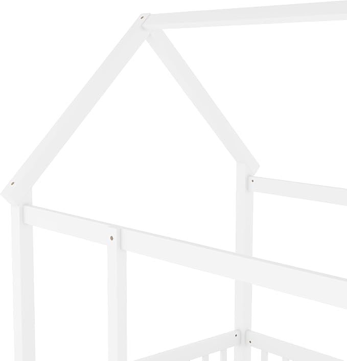Twin Size House Bed with High Fence for Kids,Twin Floor Bed Frame, Kids Montessori Bed Twin Size,Solid Wood House Bed Frame for Boys,Girls,White