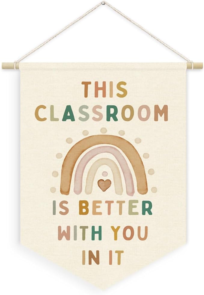 Boho Nature Cute Classroom Wall Art Decor,This Classroom Is Better with You in It Linen Canvas Banner, Rainbow Welcome Sign Wall Hanging Pennant Flag Banner for Preschool, 15x11in