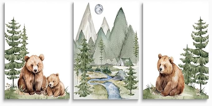 Baby Bear Nursery Wall Art, Cute Bears Wall Decor, Watercolor Green Mountain Forest Wall Art, Woodland Camping Nursery Decor Print, Nature Art for Boy Girl Toddler Bedroom, Framed Canvas, 16"x24"x3