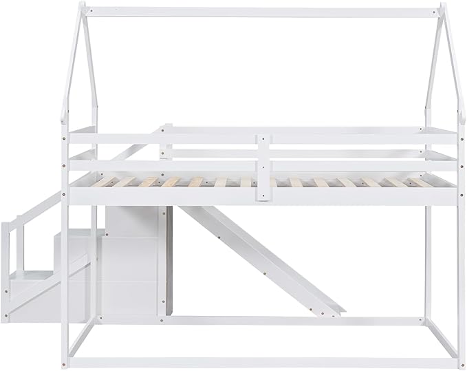 Flieks Twin Over Twin House Loft or Bunk Bed Frame for Boys Girls Kids Adults Toddler with Slide and Staircase, White