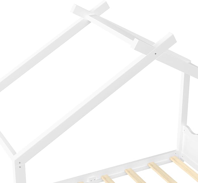 Twin Size Wooden House Floor Bed - Kids Bed Frame with Roof & Support Slats for Bedroom, No Box Spring Needed, Easy Assembly (White)