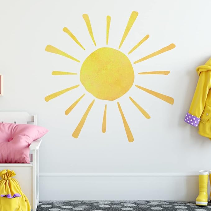 35.4" x 35.4" Watercolor Boho Sun Wall Decals Peel and Stick, PVC Sunrise Wall Stickers, Yellow Sunshine Wall Art Decor for Kids Room Playroom Nursery Bedroom (Boho Sun-3)