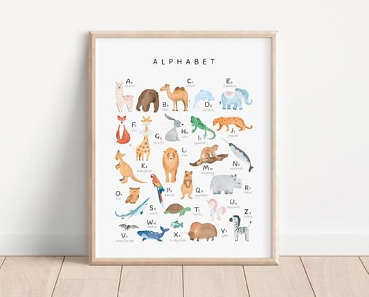 OZCONO Animal Alphabet Learning Poster, Vibrant ABC Wildlife Chart Kids, Playroom Wall Decor Art, Homeschool Education Guide (Unframed) (12x18)
