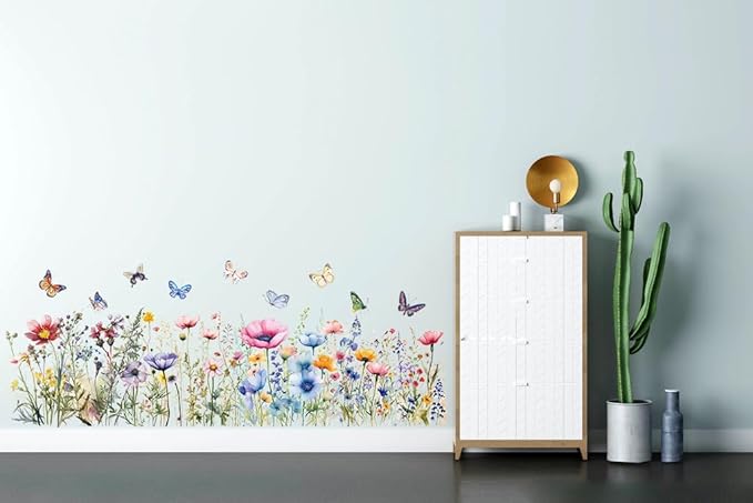 Weeds Wildflower Wall Stickers, Watercolour Colorful Flower Floral Buterflying Wall Decal for Nursery Kitchen Home