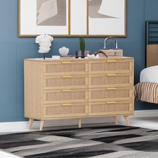 Rovaurx 8 Drawer Double Dresser for Bedroom, Rattan Chest of Dressers, Modern Wooden Dresser Chest with Golden Handles, Beside Table for Closet, Living Room and Entryway, Natural