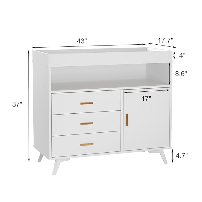 Nursery Dresser with Baby Changing Table,Diaper Changer Tables with 3-Drawer & Shelves, Wooden Baby Dresser with Top, Wood Diaper Changing Station
