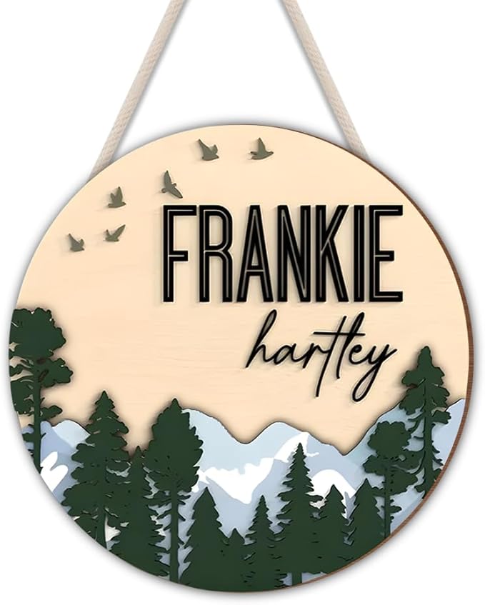 Custom Door Hanger with Name – Forest and Mountain Wooden Sign for Nursery – Boys Room Wall Art, Baby Room Decor, Personalized Wood Circle Name Plaque