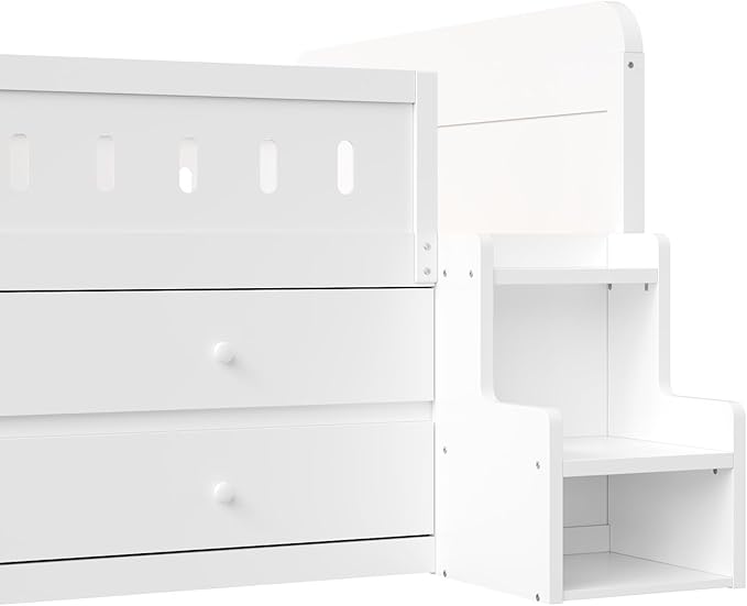 Full Size Platform Bed with Guardrail and 4 Drawers, Wooden Kids Platform Bed Frame with Two-Step Staircases and Light Strip for Boys Girls, Sturdy Slats Support (White-11A)