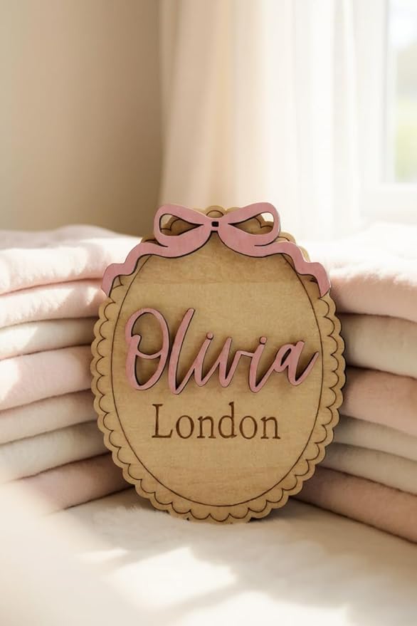 Personalized Baby Name Announcement Sign with Bow, Custom Wooden Name, Scalloped Edge Newborn Photo Prop & Nursery Keepsake (Name Sign)