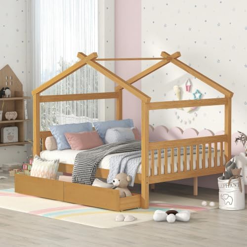 Full Size House Bed with 2 Drawers, Wooden Kids Full Bed Frame with Storage, Roof Design, Natural