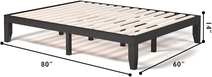 KOMFOTT 14 Inches Wood Platform Bed Frame Queen Size, Wooden Mattress Foundation with Rubber Wood Frame, Strong Wooden Slat Support, No Box Spring Needed, Bed Frame (Dark Brown)