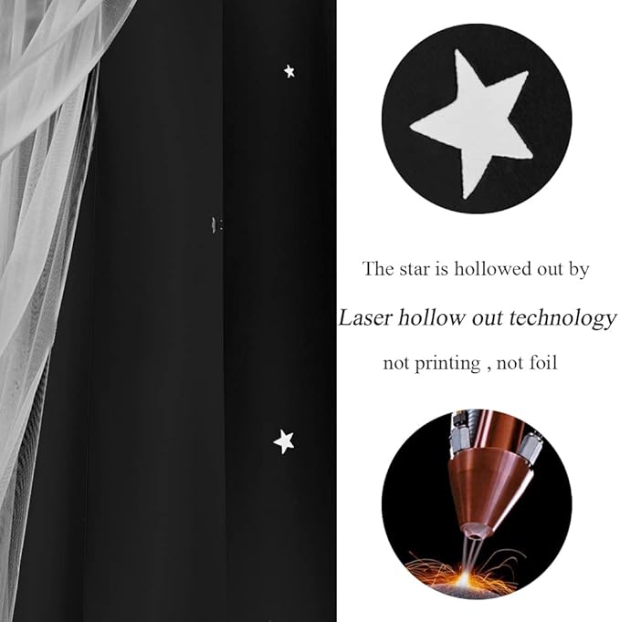 Kinryb Kids Blackout Curtains for Bedroom/Living Room/Classroom, Sheer Overlay Extra Long 2 Panel Set, Double Layer Curtains with Star Cutout for Kids Room(W 52 x L 108 Inches,Black 2 Pcs)