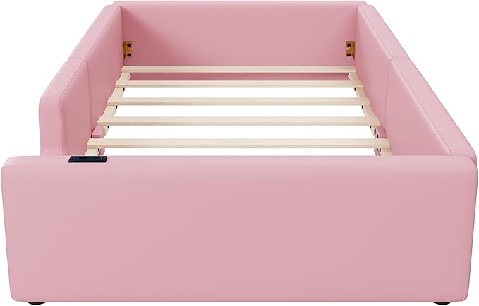 Twin Size Upholstered Platform Bed with Safety Guardrail, Montessori Kids Floor Bed, Child Grounded Bed with Charging Station and Sturdy Slats Support