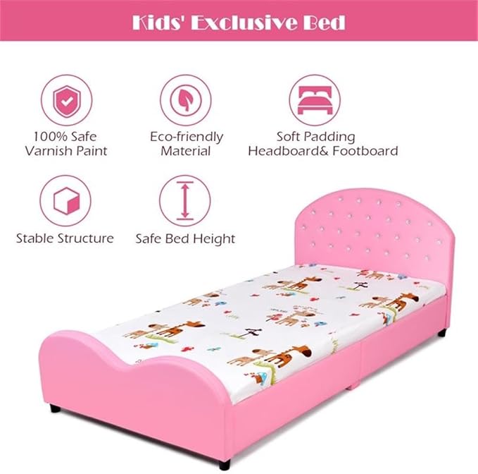 Pemberly Row Plywood PU Upholstered Platform Kids Princess Toddler Bed in Pink