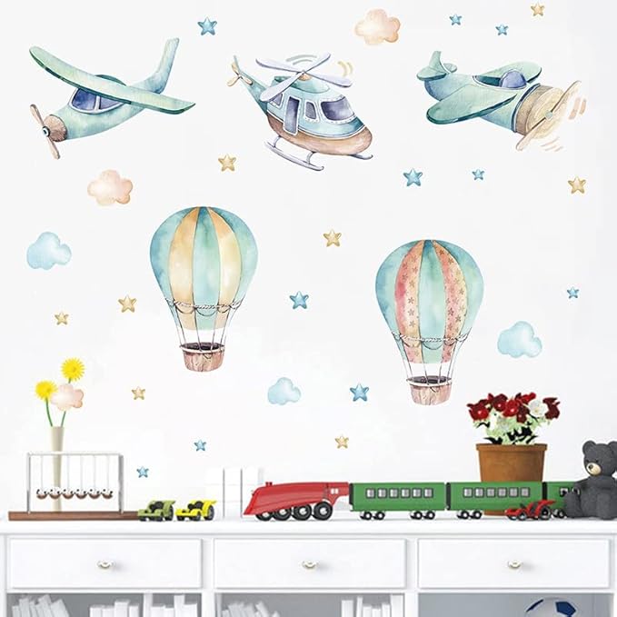 Cartoon Colorful Airplane Hot Air Balloon Wall Stickers Cloud Star Removable Vinyl Wall Decals for Kids' Rooms Nursery Classroom