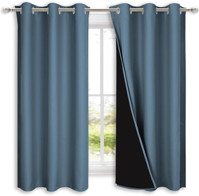 NICETOWN 100% Blackout Curtains 45 inches Long, Smoky Blue, 1 Pair, 42 inches Width Each Panel, 2 Thick Layers Completely Blackout Window Treatment Thermal Insulated Lined Drapes for Small Window