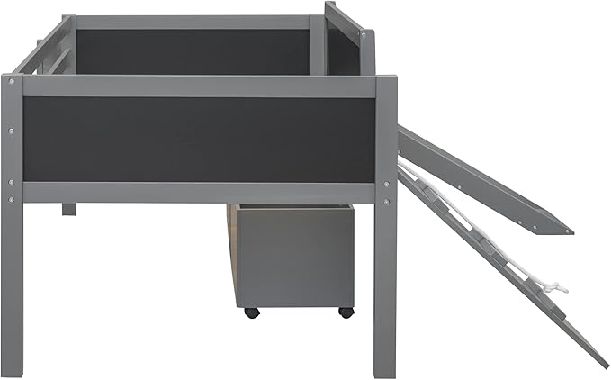Play Fun Design Twin Size Loft Bed with Slide and Rope Climbing Ladder for Kids Boys Girls, Solid Wood Loft Bed Frame with 2 Storage Boxes and Double-sided Chalkboard, Sturdy Slat Support (Gray-2)