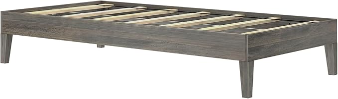 Max & Lily Fundamental Twin Platform Bed Frame, Kids Modern Solid Wood Bed, Strong Wooden Slats, Non-Toxic Finishes, Driftwood