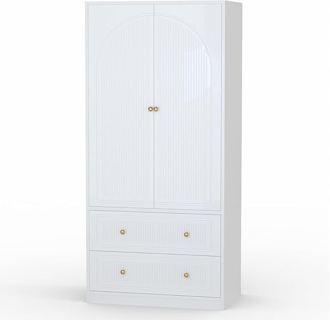 71" White Wardrobe Closet with 2 Door & 2 Drawers, Tall Armoire with Hanging Rod, Freestanding Large Capacity Clothing Wardrobe Cabinet w/Gold Handles for Bedroom