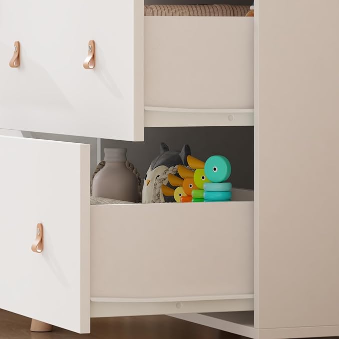 Baby Changing Table Dresser with 5 Drawers, Baby Nursery Dresser with Tilt Out Laundry Basket, Infant Changing Station Organizer for Nursery and Bedroom, White (45" W x 18" D x 37" H)
